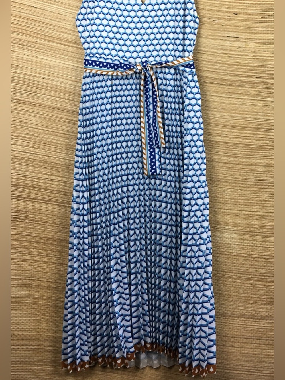 Le Superbe Halter Pleated Maxi Dress Belted In Santorini Dream (White & Blue) M - Picture 9 of 13